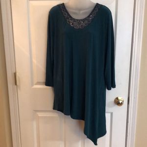 Dennis Basso NWOT dark green tunic blouse with beaded neckline L